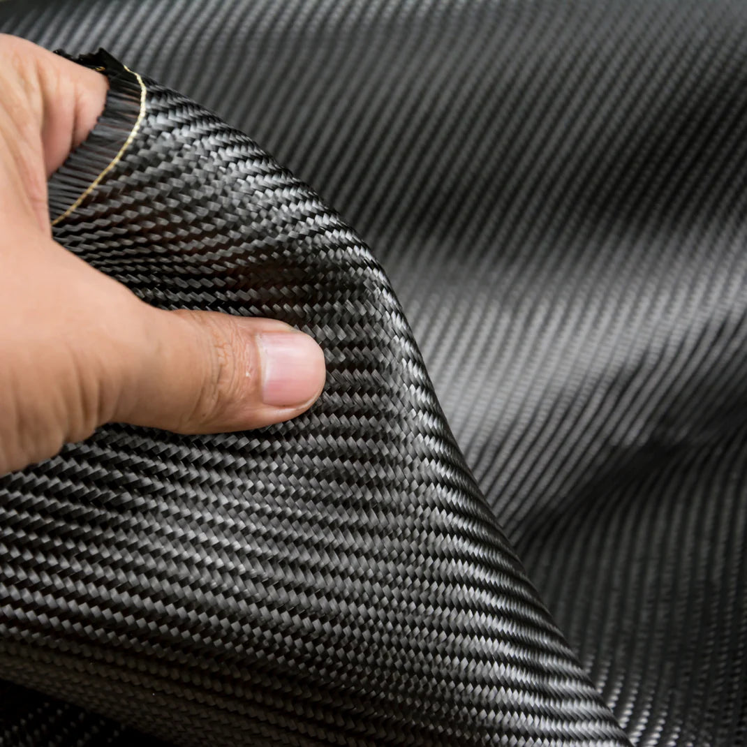 a male hand holding aramid fiber materials that we used to craft the case