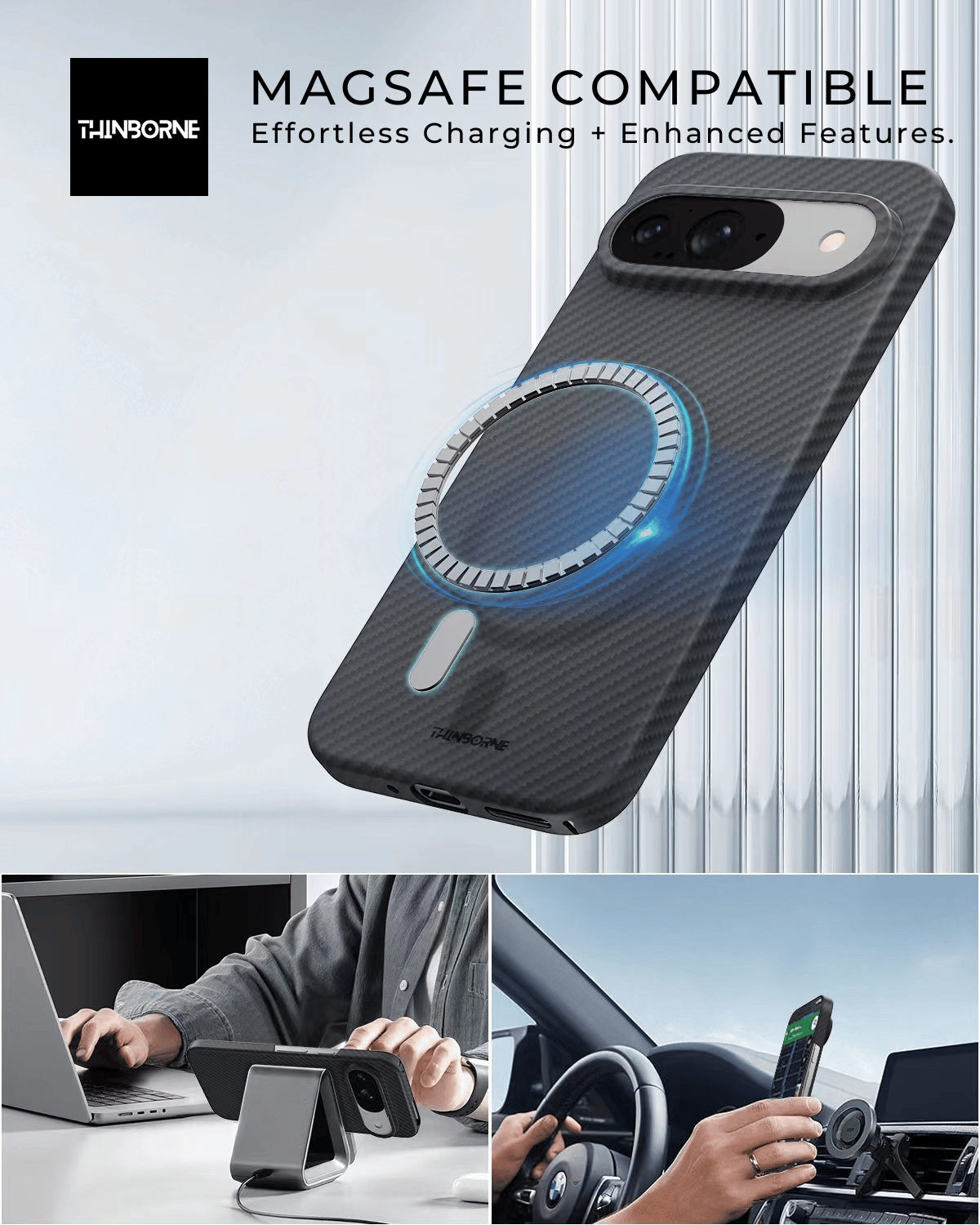 showing the pixel 9 thin case compatible with magsafe, and works on magnetic stand and charger