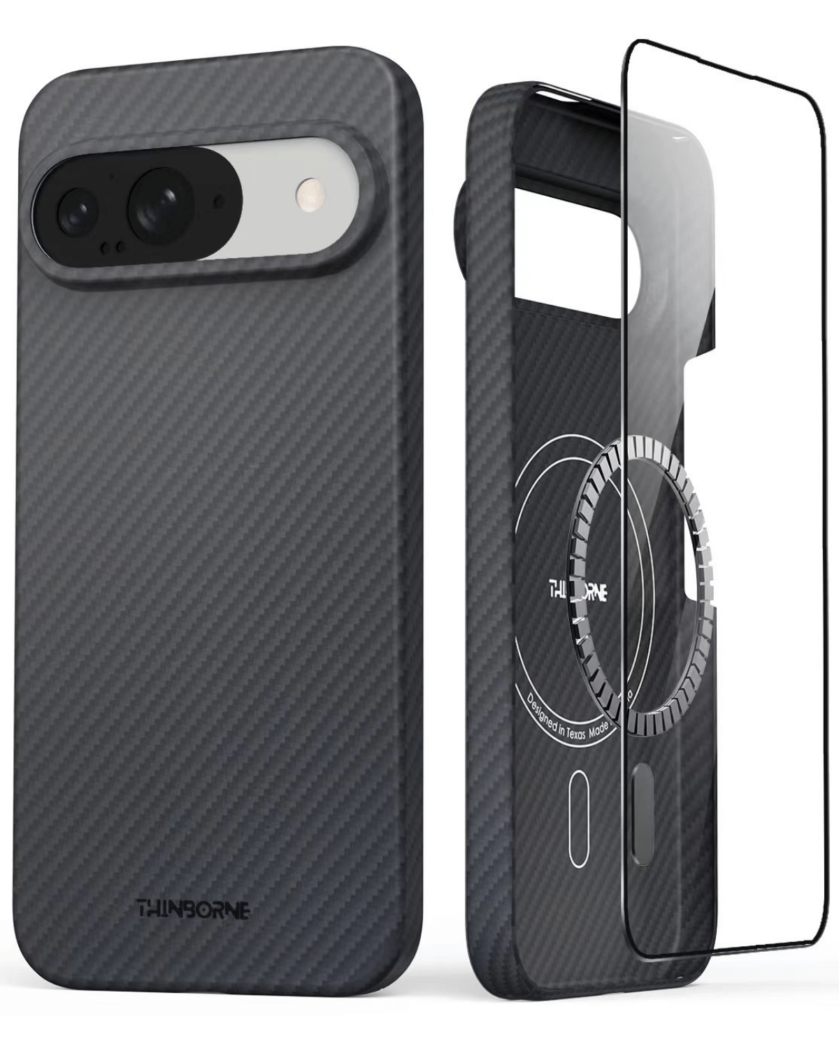 the hero picture showing front and back of super thin pixel 9 case made of aramid fiber, with magsafe and tempered glass screen protector