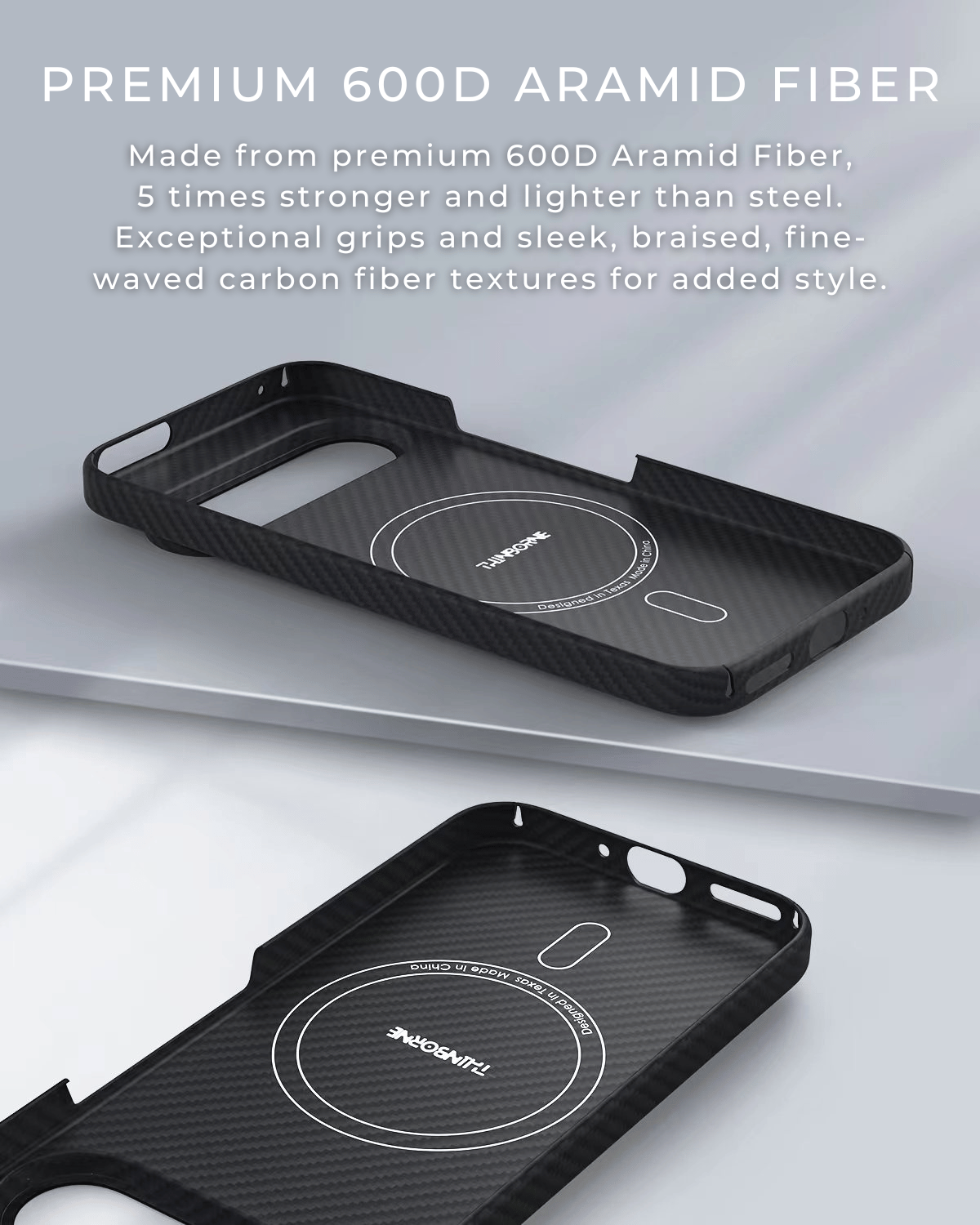 showing the pixel 9 pro slim case is made of 600d aramid fiber