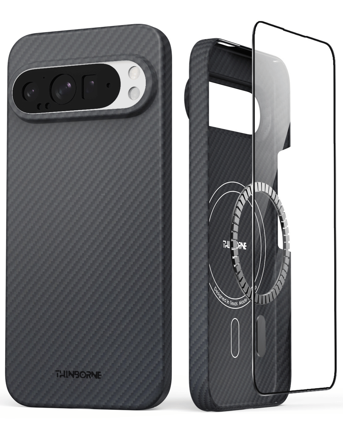 showing the front and back of super thin pixel 9 pro case made of aramid fiber with magsafe and tempered glass screen protector