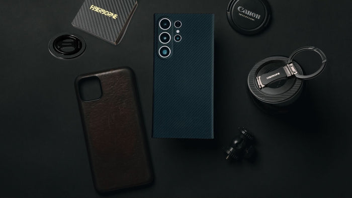 all black aramid fiber case, magnetic ring stand, and accessories