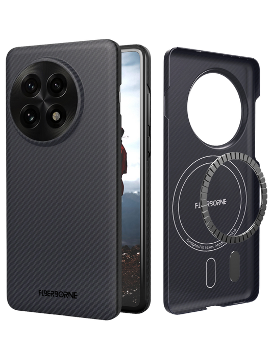The photo highlights a slim, black phone case designed for the OnePlus 13. The case features a textured finish and a distinctive circular camera cutout.

