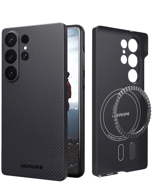 Close-up of the Samsung Galaxy S25 Ultra case made of aramid fiber, showcasing its super-thin design and precise cutouts for the camera and buttons.