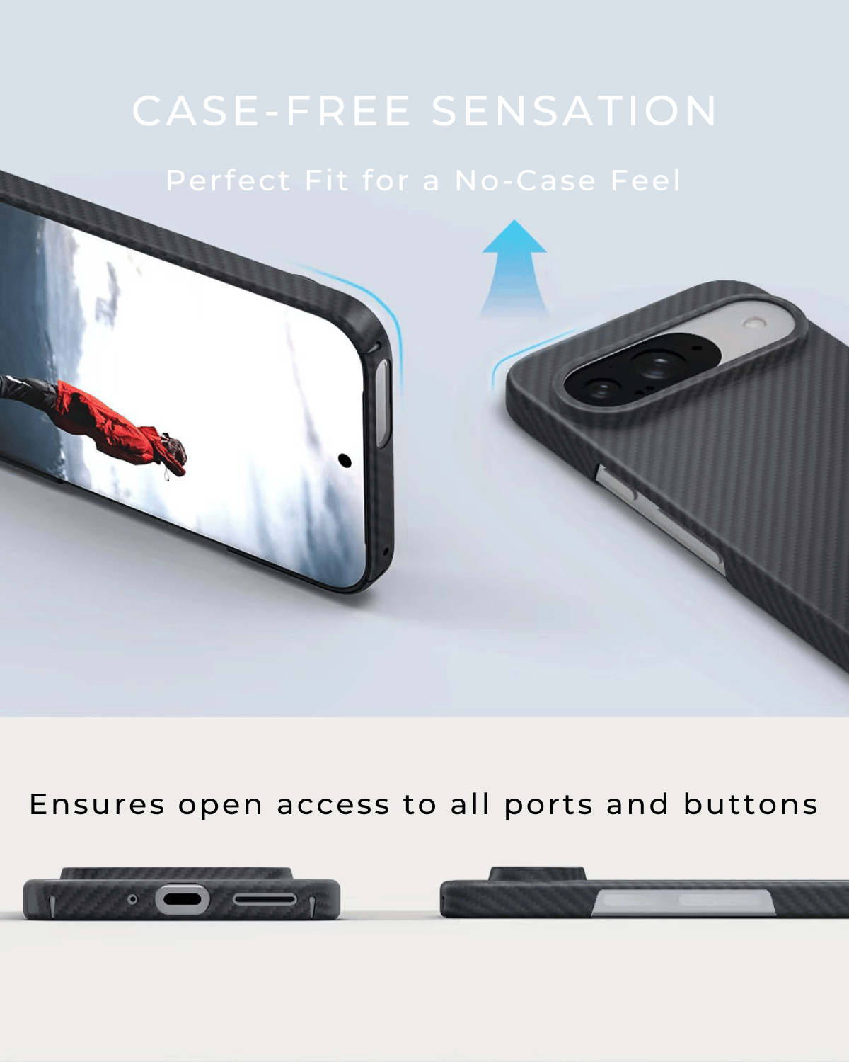showing the slim pixel 9 case has open cutouts for charging port and buttons