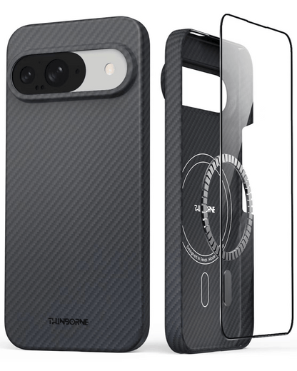 the hero picture showing front and back of super thin pixel 9 case made of aramid fiber, with magsafe and tempered glass screen protector