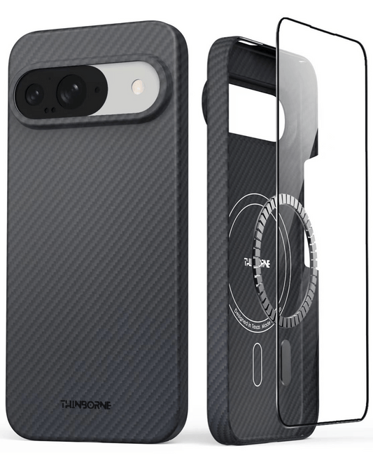 the hero picture showing front and back of super thin pixel 9 case made of aramid fiber, with magsafe and tempered glass screen protector