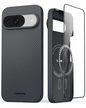 the hero picture showing front and back of super thin pixel 9 case made of aramid fiber, with magsafe and tempered glass screen protector