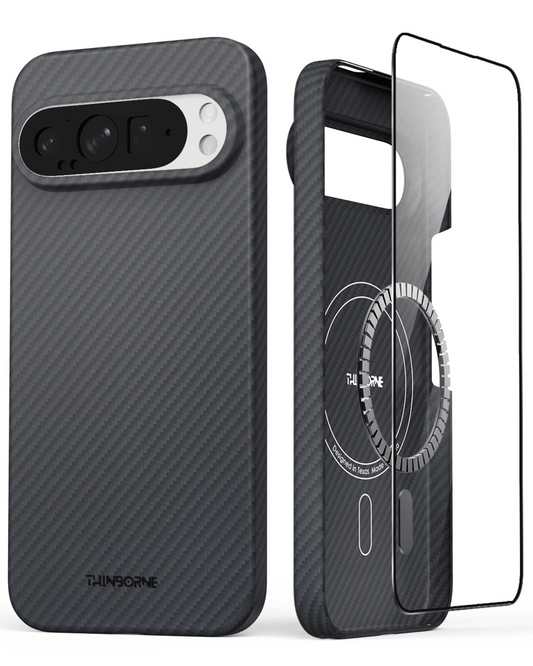 showing the front and back of super thin pixel 9 pro case made of aramid fiber with magsafe and tempered glass screen protector